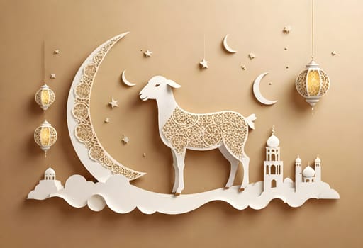 AI generated of a lamb and a mosque are decorated with the crescent moons, stars, and lanterns on the wall