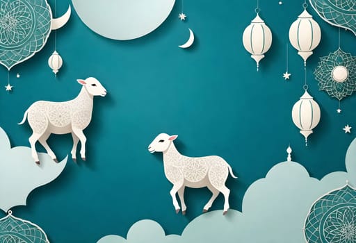 AI generated of a wall with sheeps, lanters, stars and clouds in the sky
