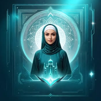 AI generated of a woman in a dark tosca hijab with a blue background and holographic