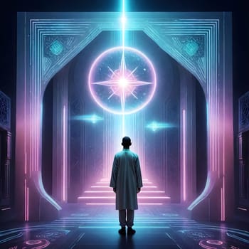 AI generated of a man stands in a dark room with a star on the wall