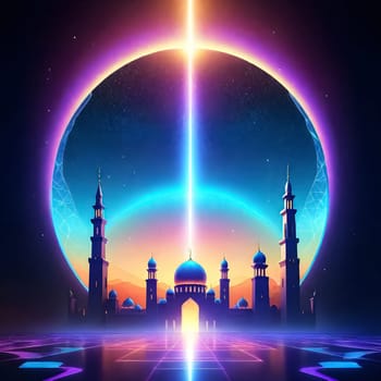 AI generated of a picture of a mosque with a blue moon in the futuristic concept background