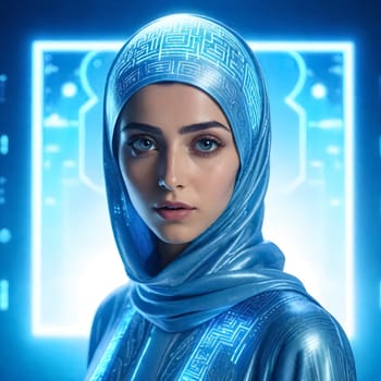 AI generated of a woman in a blue scarf with the holographic circuit on it