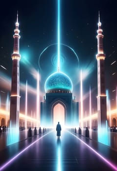 AI generated of a poster for a mosque with a man standing in front of it