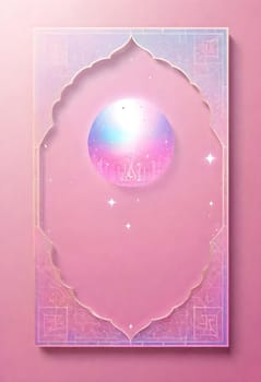 AI generated of a pink and purple picture of a bubble with islamic ornaments frame and stars on pink background