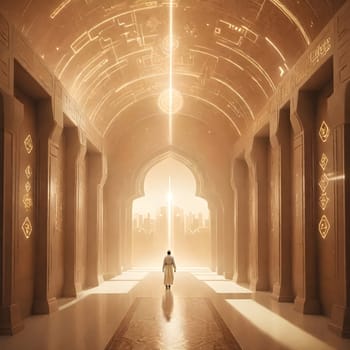 AI generated of a person walking in a hallway with a light shining through the building