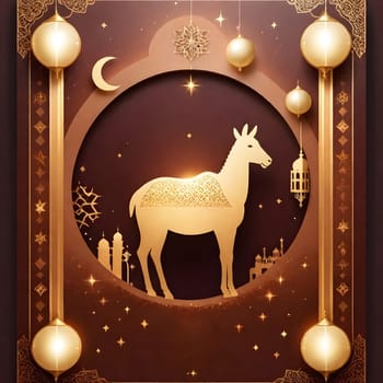 AI generated of a picture of a sheep with islamic ornaments, stars, and lanterns on brown background