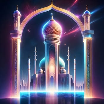 AI generated of a picture of a mosque with a blue and red light in futuristic concept background