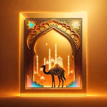 AI generated of a camel is standing in a room with islamic ornaments