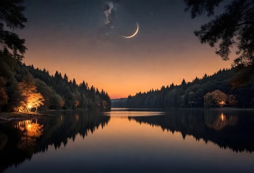 AI generated of a lake with a crescent moon in the sunset sky