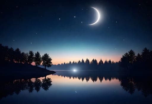 AI generated of a crescent moon shining and a tree are reflected in the water on night background