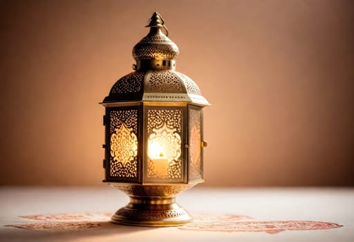 AI generated of a lantern with a candle on the table with empty space background