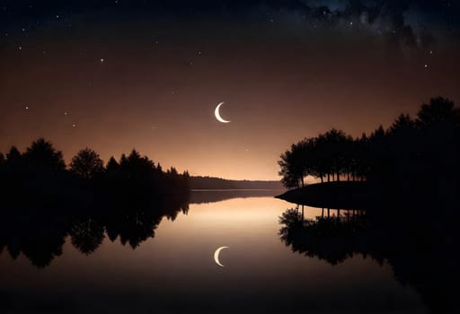 AI generated of a picture of a crescent. moon and trees with a sunset in the background