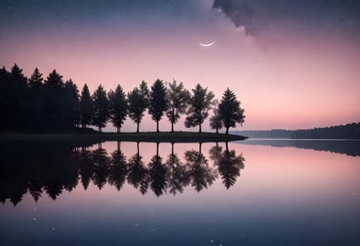 AI generated of a sunset with a moon and trees in the background