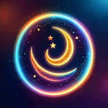 AI generated of a crescent and star graphic with irredescent and futuristic style color