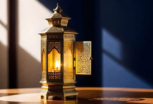 AI generated of a lantern on a table with a candle inside of it and sun shining through the window