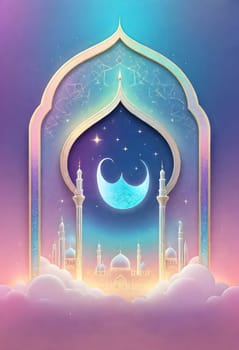 AI generated of a picture of a mosque with a blue moon and clouds in the holographic iredescent background