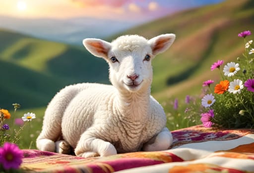 AI generated of a sheep is laying on a blanket with a field of wildflowers in the background