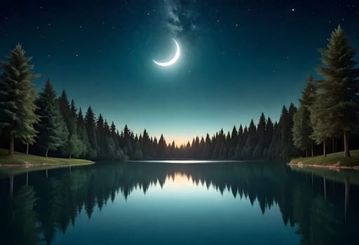 AI generated of a moon shines over a lake and the moon is reflected in the water