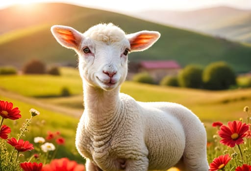 AI generated of a sheep is standing in a field with a farm in the background
