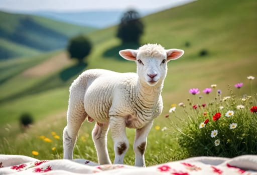 AI generated of a sheep stands in a field of flowers on a fabric