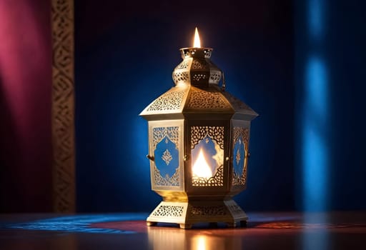 AI generated of a lit candle inside of a lantern that is on a table with dark blue and magenta background