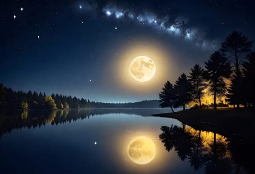 AI generated of a full moon is reflected in the water and the moon is shining