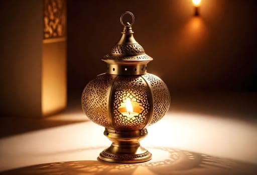 AI generated of a lantern with candle inside of it that is on a table with a lamp on the wall