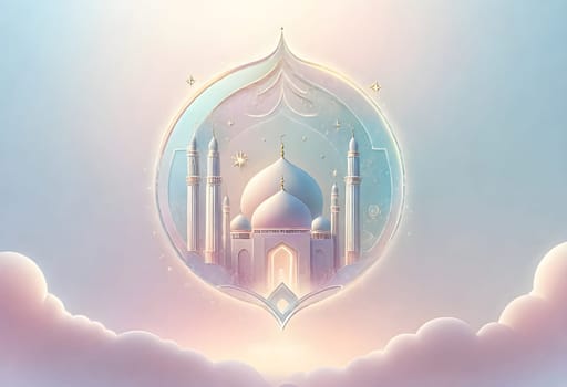 AI generated of a blue mosque with a pink sky and a blue background