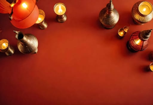 AI generated of a red table with a candle, lanterns, and islamic things for eid al-adha celebration