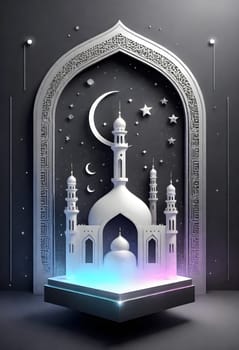 AI generated of a mosque with a crescent moon and stars on a black background