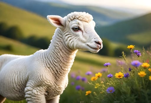 AI generated of a sheep is standing in a field of flowers