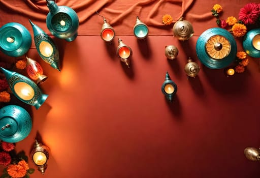 AI generated of a red table set up with a bunch of vases and islamic middle east decorations on it for eid al-adha