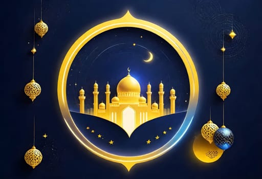 AI generated of a blue background with a mosque and a moon with stars and lanterns