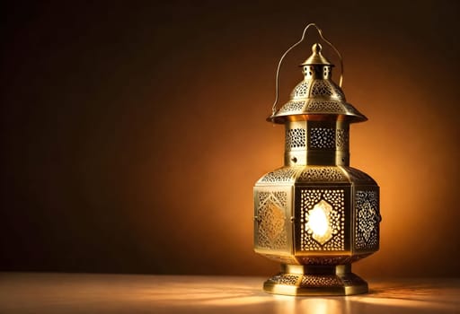 AI generated of a lantern lit up and standing on the table with empty space background