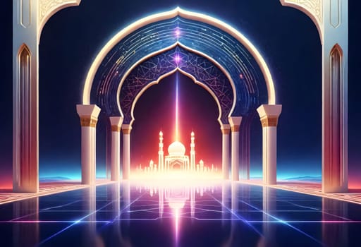 AI generated of a picture of a mosque with a blue background and a design of a mosque