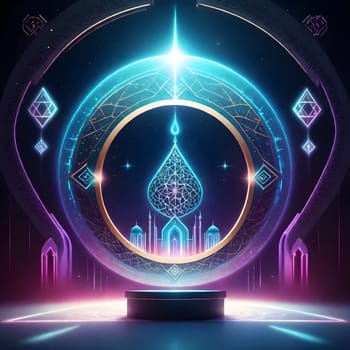 AI generated of a picture of a mosque with a blue background with a holographic design in the center