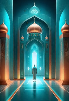 AI generated of a man in a room standing in front of a mosque with a blue background