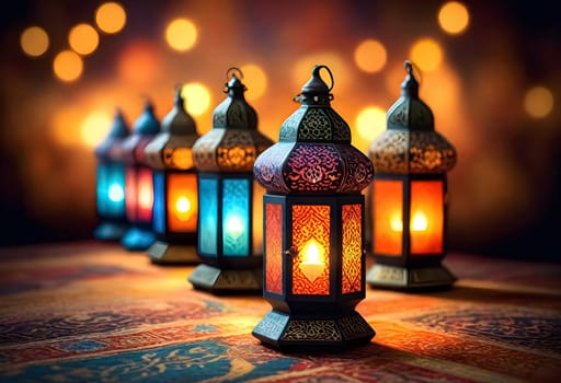 AI generated of a row of colorful lanterns with lights on the top and bokeh on the backcground