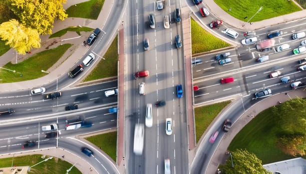 Congestion at an intersection during rush hour, aerial view, blurred motion of moving cars