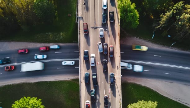 Congestion at an intersection during rush hour, aerial view, blurred motion of moving cars
