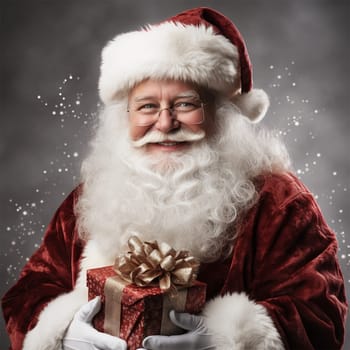 Portrait of Santa Claus smiling joyfully, holding a gift with a golden bow, with copy space.Holiday advertising, greeting cards, holiday decorations.