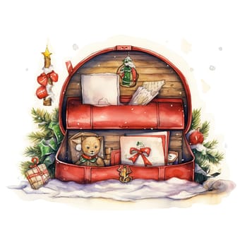 A whimsical drawing of a toy chest filled with holiday decorations and toys, with plenty of copy space.illustrations for children's books, holiday greeting cards, holiday packaging of goods.