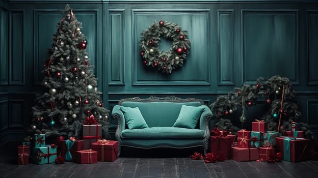 Christmas interior with decorated Christmas tree and gifts.Interior design displays, vacation home decor ideas, seasonal advertising.