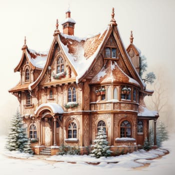 cozy house covered with snow on a white background, illustration in watercolor style. Christmas elements.