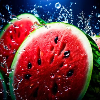 Close-up of watermelon with splashes of water and a few slices