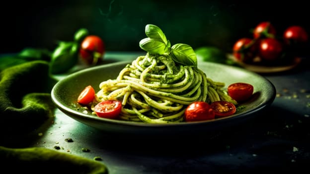 Bowl of pasta with tomatoes and basil on a plate