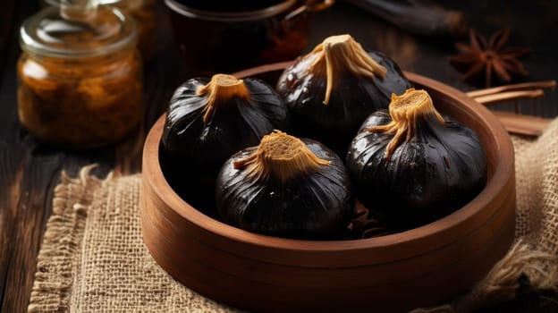 Bowl of black garlic on the table with spices and jars.