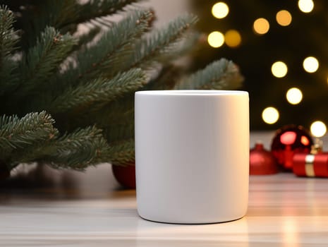 A blank mug in a festive setting with Christmas tree and lights, offering a perfect mock-up opportunity.Close-up of a ceramic cup for advertising and design for New Year and Christmas.