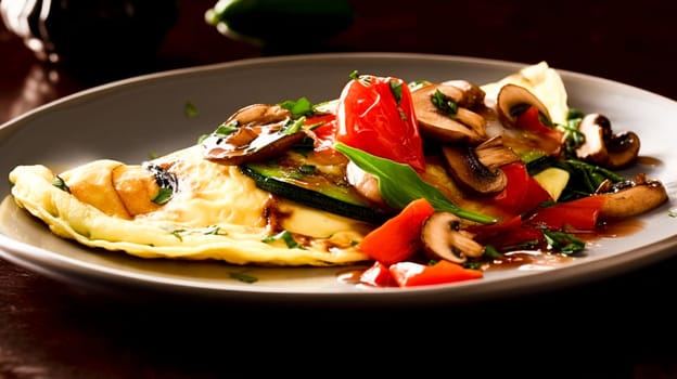 A plate with an omelet with mushrooms and peppers on it