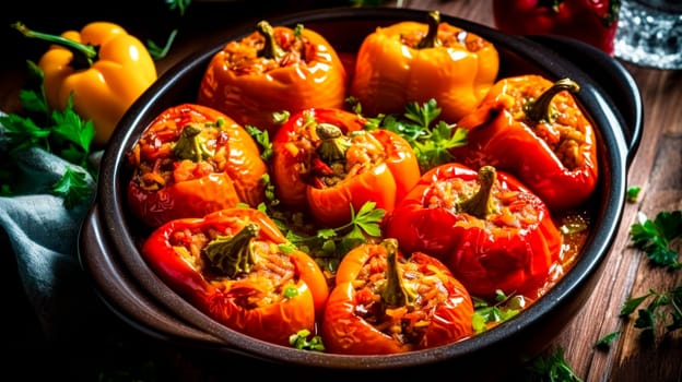 A pot with a dish filled with peppers and herbs on the table